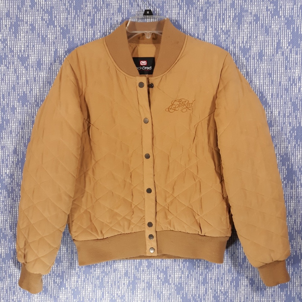 Ecko Red Quilted Jacket Ribbed Collar Bomber Y2K Streetwear Womens L Tan